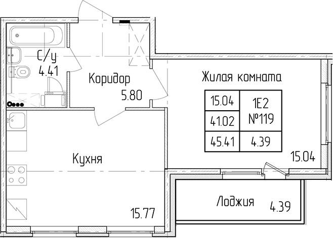 1-комнатная квартира 41.02 м², 1/4 эт., ЖК «Любоград в Стрельне»